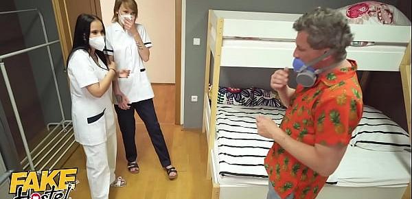  Fake Hostel Threesome with Redhead and Latina Nurses